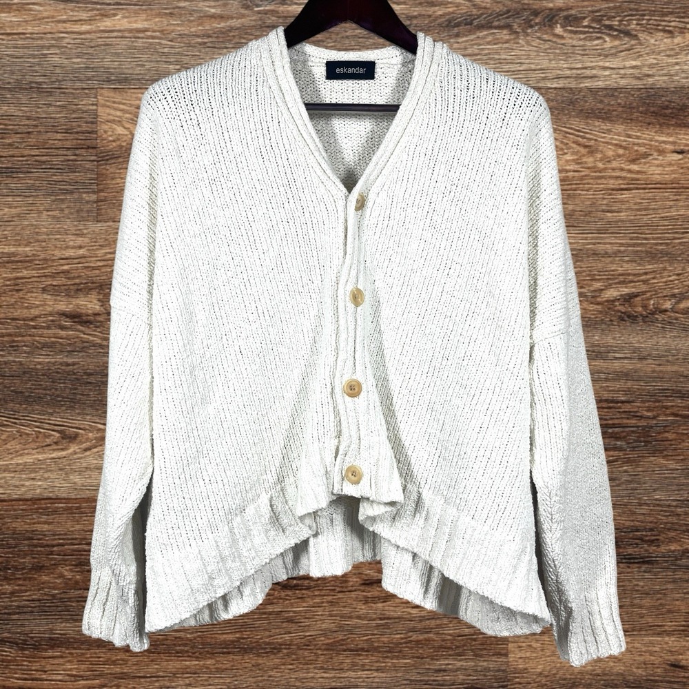 Eskandar Linen Blend Knit Cardigan OS Ivory‎ V-Neck Drop Shoulder Boxy Drape
